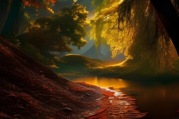 Ilustracja inspirowana jesienią, las, rzeka, golden hour, wieczorne światło. Wygenerowane przy pomocy AI - obrazy, fototapety, plakaty