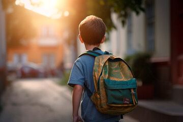 Little kid with a backpack at his first day of school. Back view. - obrazy, fototapety, plakaty