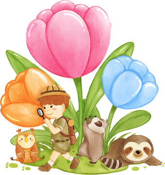 Giant tulip flowers with wildlife animals owl raccoon sloth bear and adventure boy . Realistic watercolor paint with paper textured . Cartoon character design .
