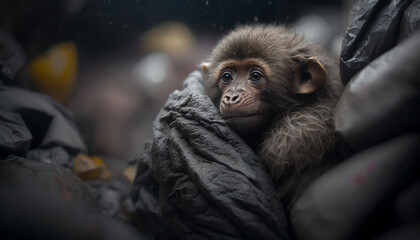 Naklejka premium A monkey sleeps among the piles of plastic waste and the rain. concept of saving the world. Generative AI.