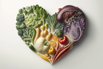 Vegetables in a Heart Shape. Heart shaped healthy vegetables. Vegetarian diet, healthy vegetables, love for veggies concept. Ai generated