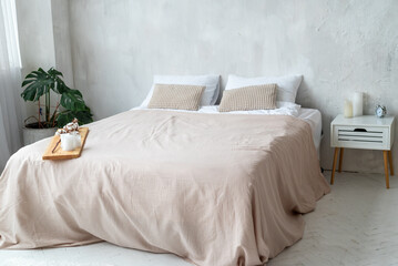 Wide open plan of light bedroom in apartment with light interior design. Vintage style and colorful...