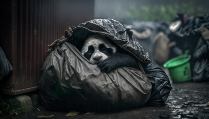 Panda sleeping in a black trash bag Among the piles of plastic waste and the rain, the concept of saving the planet. Generative AI.