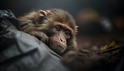 Obraz premium A monkey sleeps among the piles of plastic waste and the rain. concept of saving the world. Generative AI.