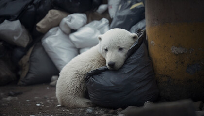 Obraz na płótnie Canvas A white bear sleeps next to a pile of garbage among a pile of plastic waste, Concept of saving the world. Generative AI.