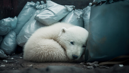 Obraz na płótnie Canvas A white bear sleeps next to a pile of garbage among a pile of plastic waste, Concept of saving the world. Generative AI.