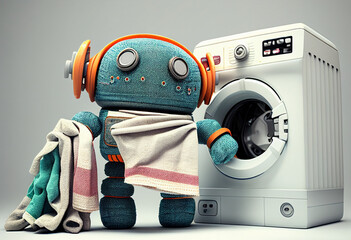 Home assistant humanoid robot doing laundry and fold clothes, Created using AI generative tools. - 582084800