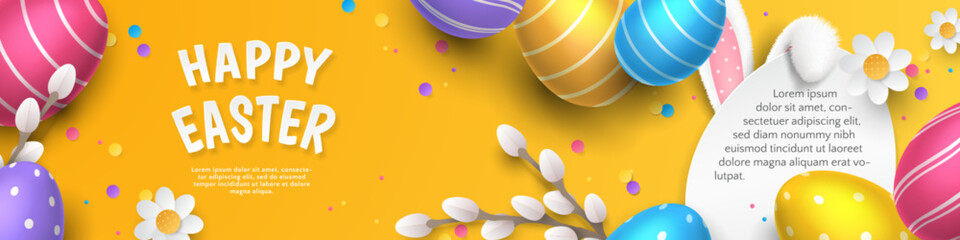 Vector cute horizontal greeting banner with ears of bunny, realistic colored 3D eggs, paper camomiles, willow branches and egg-shaped label on orange background. Festive header with text Happy Easter.