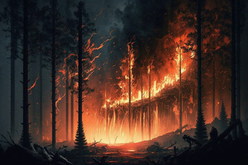 Obraz premium Burning forest. Wild fire in a forest during the night with burning flames and pinne trees burning to ashes. Global Warming environmental disaster. Ai generated