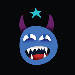 Psyhodelical Print with Dreaming Monster and Star. Surreal Design on Black. Pop Art Cartoon Style with Stains. Single Design Element. Vector 3d Illustration