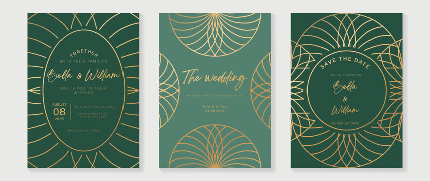 Luxury wedding invitation card background vector. Golden elegant geometric art deco gatsby style line art frame. Premium design illustration for wedding and vip cover template, banner, poster.