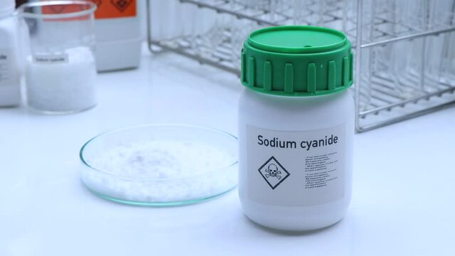 Sodium cyanide in glass, chemical in the laboratory and industry, dangerous Chemical or raw materials for production