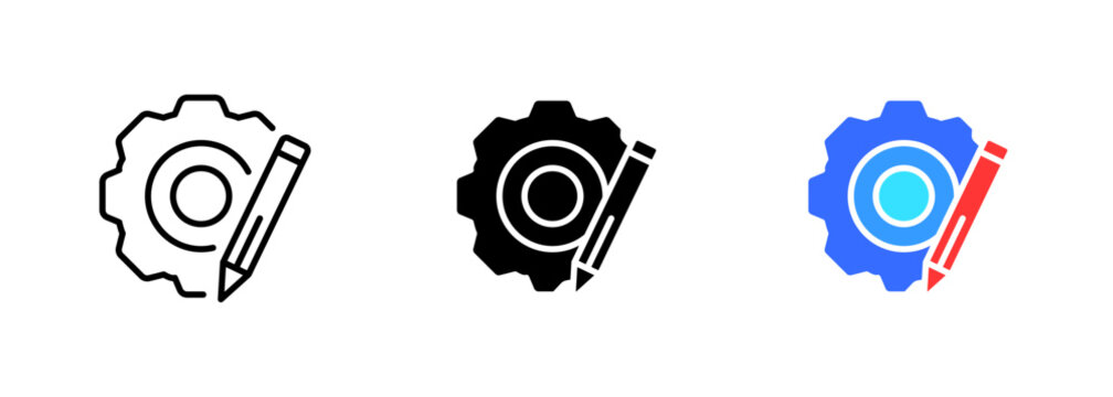 An icon of a gear or cogwheel with a pencil symbol inside it. This icon is often used to represent settings. Vector set of icons in line, black and colorful styles isolated.