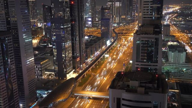 Hyper lapse Illumination system Dubai Road Junction Traffic Roof Top View 4K Time Lapse Uae