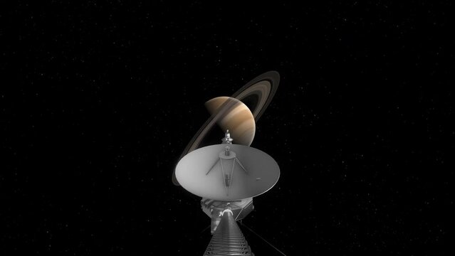 Voyager 1 ActionCam Style Shot Heading Towards Planet Saturn with Rings on Tour Through Solar System to Collect Photos and Scientific Data 4K