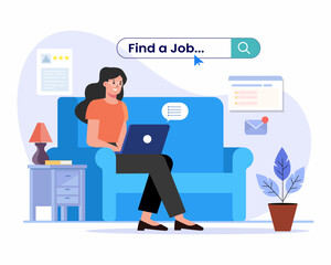 Woman with laptop sitting in sofa and looking for a new job, unemployment and searching job concept.