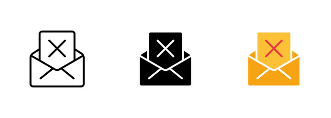 An envelope icon with a red cross symbol, indicating that the message could not be delivered or there was an error. Vector set of icons in line, black and colorful styles isolated.