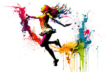 Fototapeta na wymiar The dancing girl with colorful spots and splashes on white background.