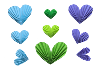Blue, green and purple paper accordion hearts on a transparent background. Spring inspiration and decoration for your collage, artwork.