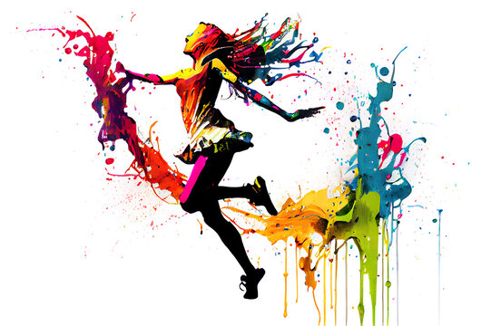 The dancing girl with colorful spots and splashes on white background.