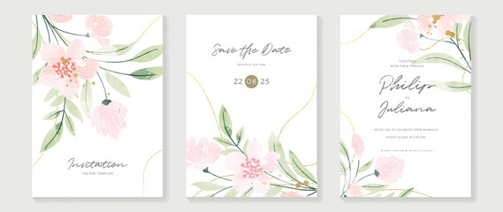 Fototapeta na wymiar Luxury wedding invitation card background vector. Minimal hand painted watercolor botanical flowers texture template background. Design illustration for wedding and vip cover template, banner, poster.