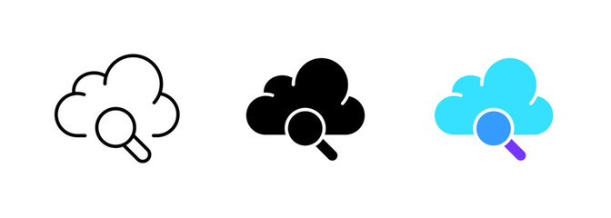 Fototapeta na wymiar An icon of a cloud with a magnifying glass, representing the ability to search and explore cloud-based data and information. Vector set of icons in line, black and colorful styles isolated.