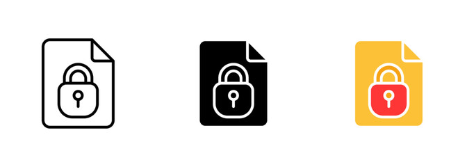 A file icon with a lock symbol, often used to represent a file that is protected or encrypted for security purposes. Vector set of icons in line, black and colorful styles isolated.