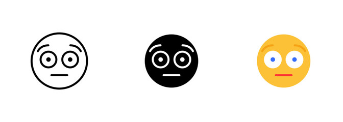 A face with a tilted eyebrow and a questioning expression, representing confusion, puzzlement, or misunderstanding. Vector set of icons in line, black and colorful styles isolated.