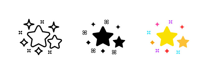 Two shining yellow stars on a dark background, representing ratings, reviews, or performance evaluation. Vector set of icons in line, black and colorful styles isolated.