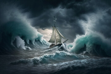 Fototapeta na wymiar Sailing ship in a giant storm with crashing waves. Sailing Boat inside a Giant Storm dramatic scene. Ai generated