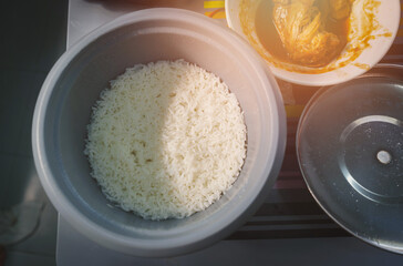 Steamed rice in a rice cooker for breakfast