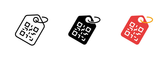 An icon of a tag or label with a QR code, representing the idea of digital identification or scanning. Vector set of icons in line, black and colorful styles isolated.