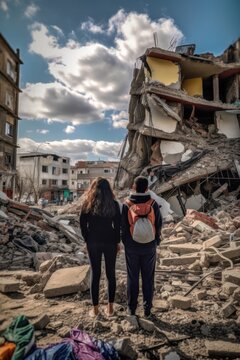 Refugees, View From The Back, Looking At Damaged Homes. Homeless People In Front Of Destroyed Home Buildings Because Of Earthquake Or War Missile Strike. Refugees, War And Economy Crisis.