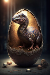 Obraz premium Baby Dinosaur Nesting out of an Egg. Dinosaur coming out of an egg shell. Ai generated