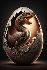 Baby Dinosaur Nesting out of an Egg. Dinosaur coming out of an egg shell. Ai generated