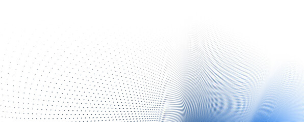 Blue and grey dots in 3D perspective vector abstract background, dotted pattern cool design, wave stream of science technology or business blank template for ads.