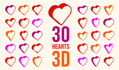 3D dimensional hearts vector icons or logos set, gift boxes on Valentine day, heart shaped buttons, graphic design elements collection.