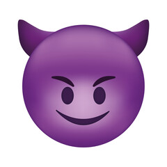 Evil devil emoji. Happy purple emoticon with devil horns - obrazy, fototapety, plakaty