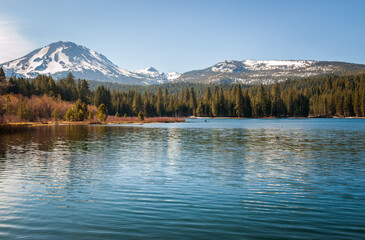 Snow Top Mountain and Lake at Lassen Volcanic National Park