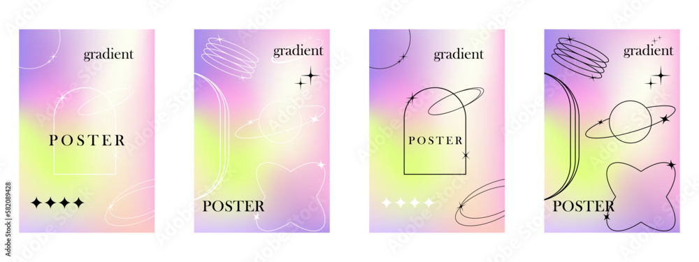Poster trendy blurred holographic style a4 posters set with linear geometric shapes cover for stories or po