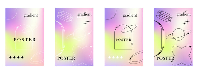 Trendy blurred holographic style A4 posters set with linear geometric shapes cover for stories or post in social media. Modern minimalist print with simple figures and graphic elements. Vector EPS 10