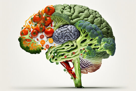 A brain made of Veggies. Vegetables in a shape of a human brain representing love for vegetables and vegan lifestyle. Ai generated