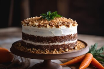 Mouthwatering Carrot Cake, Accentuating the Warm Hues and Creamy Frosting of this Beloved Dessert, created with Generative AI technology