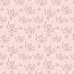 Monochrome beige peony flowers and bees seamless pattern for textile, stationery, wallpaper of print. Vintage fabric design.