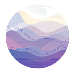 Abstract oriental Japanese art vector background in a shape of circle, traditional style design, wavy shapes and mountains terrain landscape, runny like sea lines.