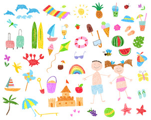 Children's drawing of summer icons.