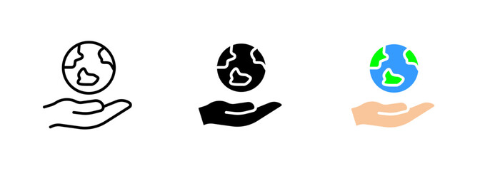 Hand with a planet icon, which may represent the concept of protecting or caring for the planet. Vector set of icons in line, black and colorful styles isolated.