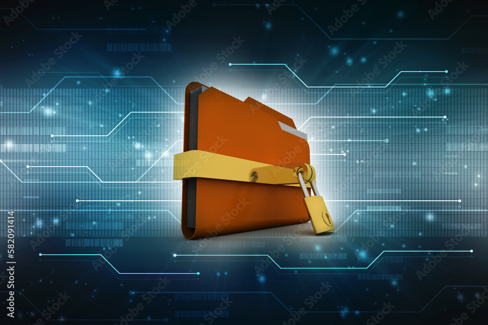 Poster 3d rendering yellow folder and lock. data security concept