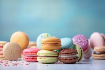 Fototapeta na wymiar Exquisite Macarons, a Pastel of Colors and Flavors, created with Generative AI technology