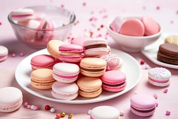 Obraz na płótnie Canvas Exquisite Macarons, a Pastel of Colors and Flavors, created with Generative AI technology